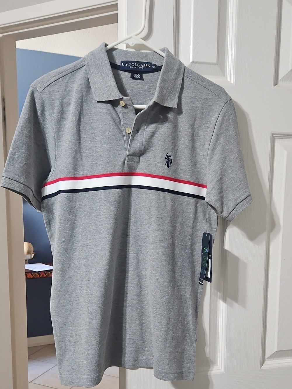 U.S. Polo Assn. Grey Polo with Red, White & Navy Stripe